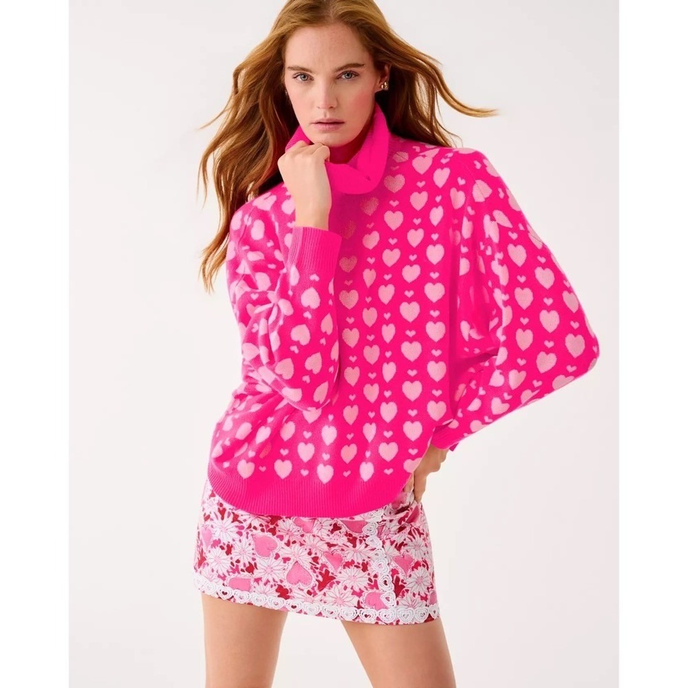 LILLY PULITZER Liggy Sweater Passion Fruit Pink Valentine Heart Jacquard Small